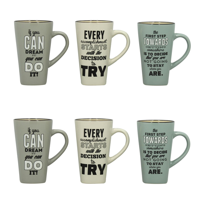 Lot de 6 mugs assortis en grès 51cl CITATIONS
