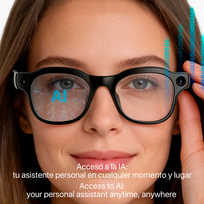 Gafas inteligentes W93 con cámara de 8 MP para fotos y video de 1200p. 16GB de memoria interna. Traductor en tiempo real con asistente de voz inteligente y 3 tipos de lentes.