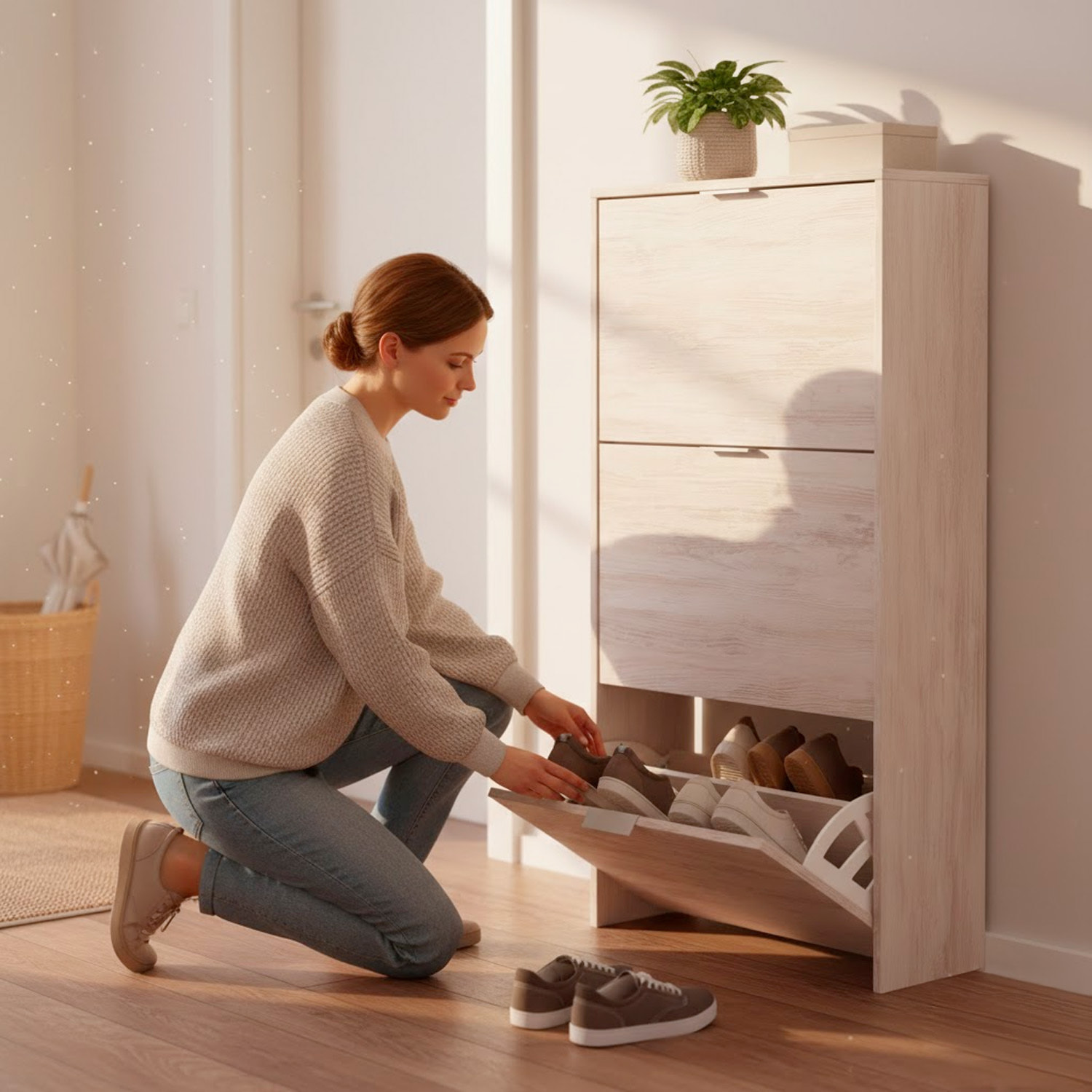 Scarpiera A Ribalta Salvaspazio 3 Ante E 6 Ripiani Mobile Portascarpe Fino A 20 Paia Di Scarpe Ingresso Corridoio 113 x 60 x 22 Cm Rovere Bianco