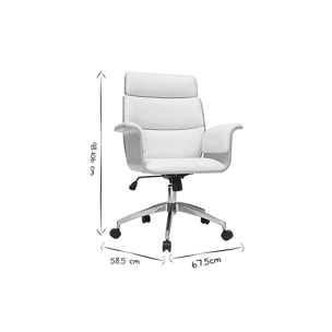 Fauteuil de bureau à roulettes design blanc, bois clair et acier chromé ELON