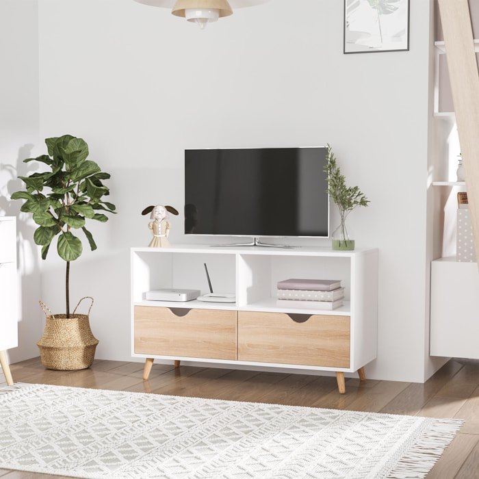 Meuble TV bas sur pieds style scandinave 2 tiroirs coloris chêne clair blanc