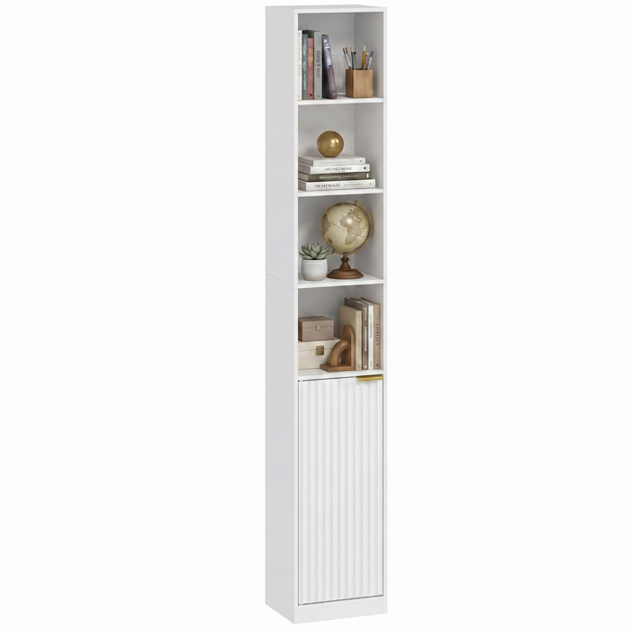HOMCOM Estantería para Libros de 6 Niveles, Librería Alta y Estrecha con 4 Estantes Abiertos, Puerta y Estante Ajustable, Armario para Salón, Estudio, Oficina, 30x24x182 cm, Blanco