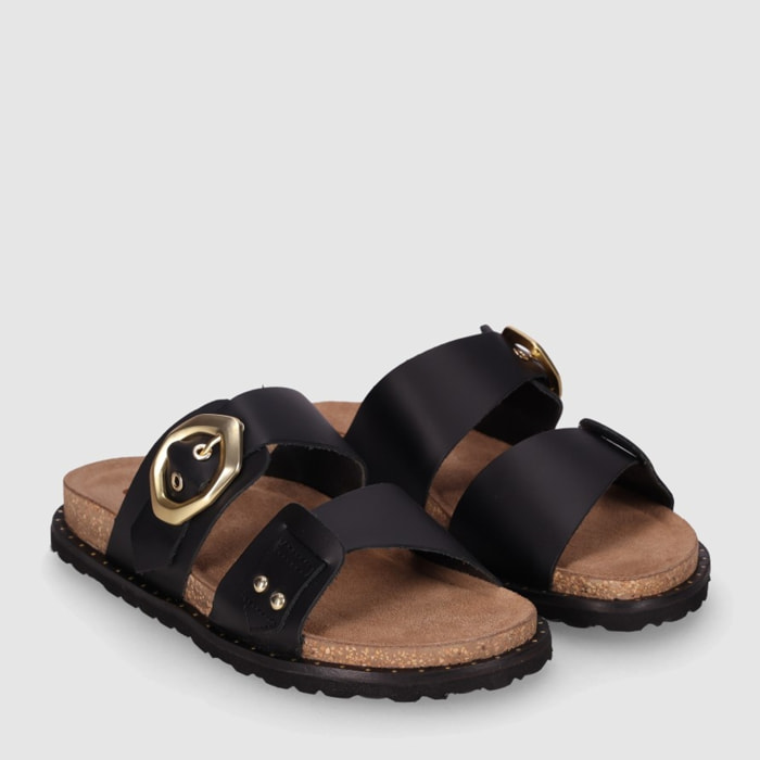 Sandalias de Piel - Negro - Tacón: Bajo