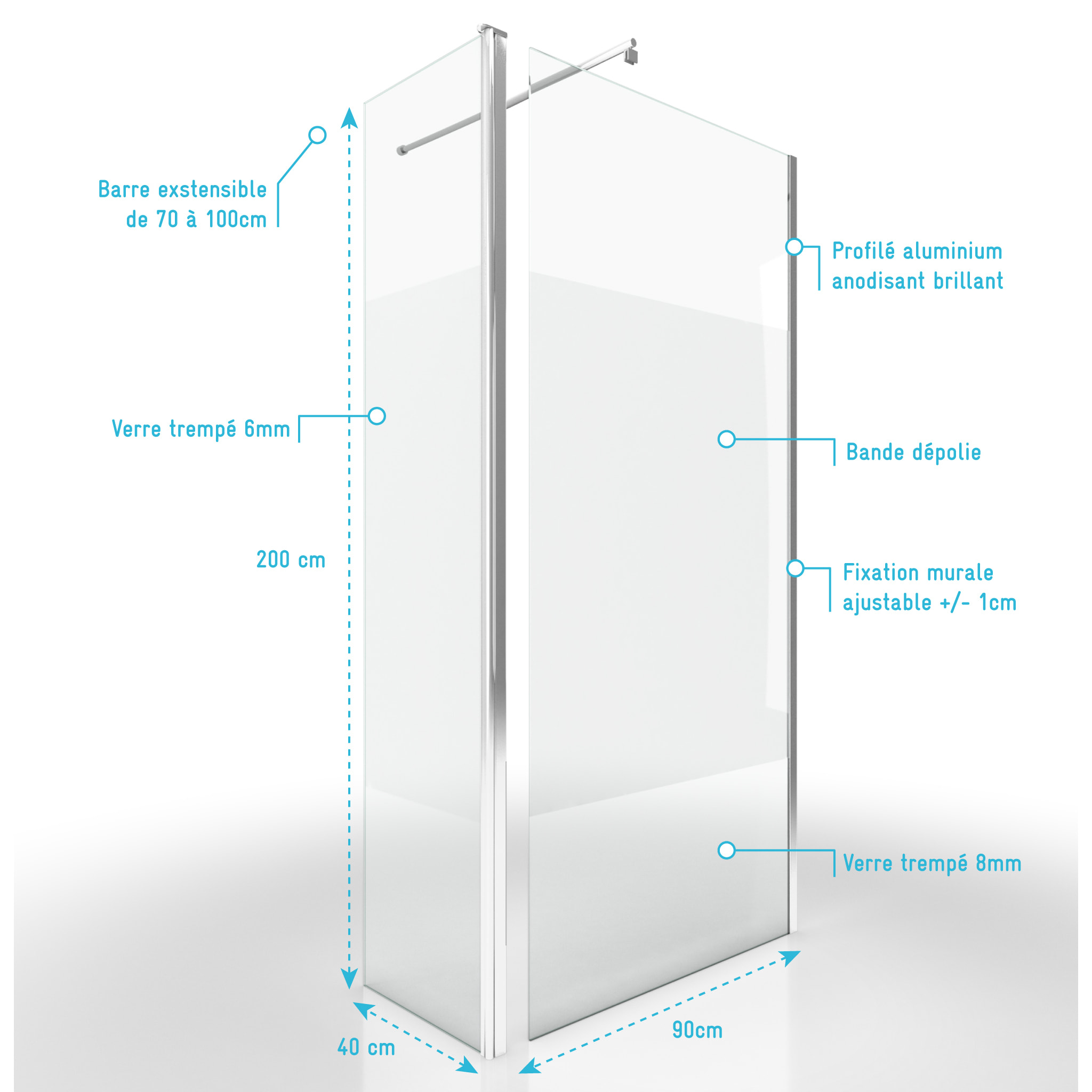 Paroi de Douche et Volet Pivotant 90+40x200 cm - Bande Dépolie - Barre de Fixation Chrome