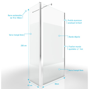 Paroi de Douche et Volet Pivotant 90+40x200 cm - Bande Dépolie - Barre de Fixation Chrome