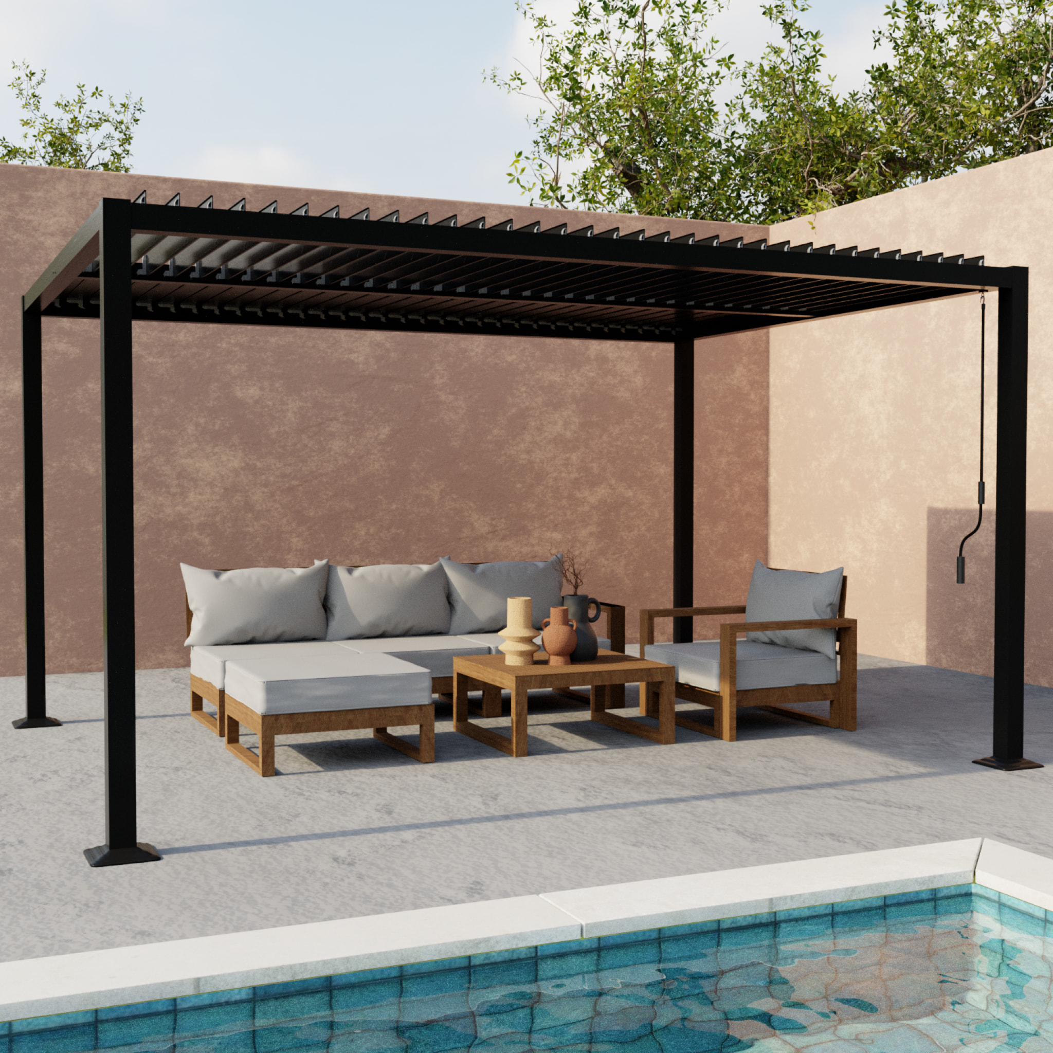 Pergola bioclimatique noir. aluminium et acier. 3x4m. lames orientables