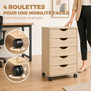 Caisson bureau 5 tiroirs mobile dim. 40x40x67cm effet bois clair