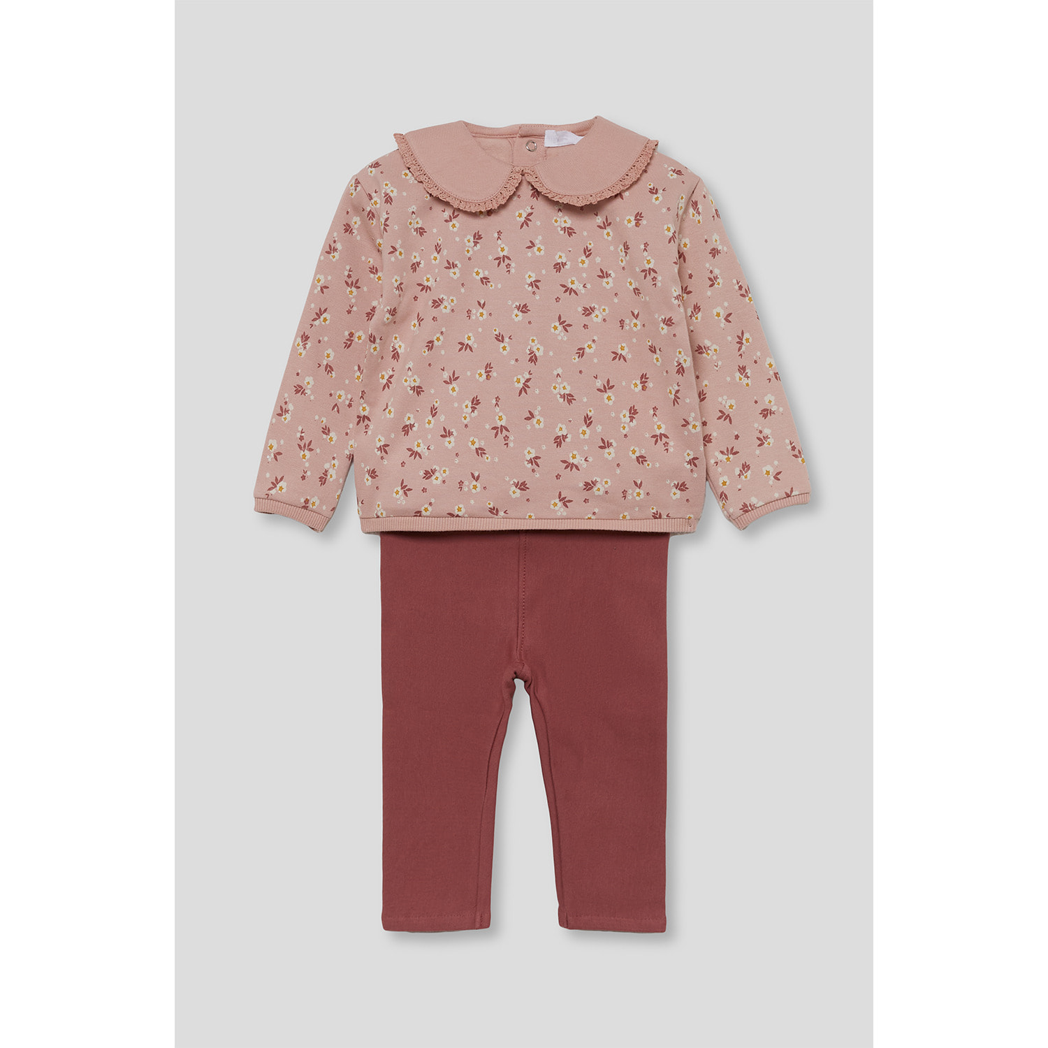 Conjunto niña sudadera rosado y leggings, estampado floral y cuello bebé con puntilla | Color: Rosado | Street Monkey