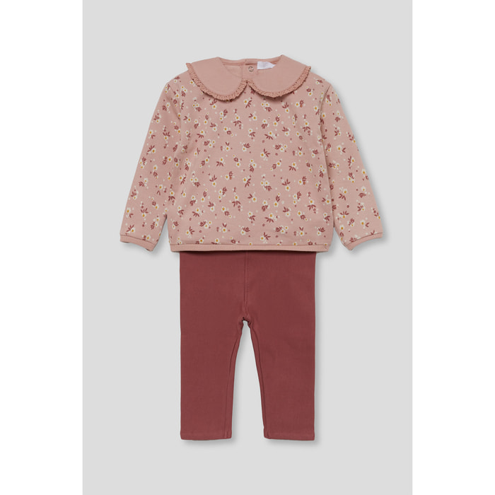 Conjunto niña sudadera rosado y leggings, estampado floral y cuello bebé con puntilla | Color: Rosado | Street Monkey