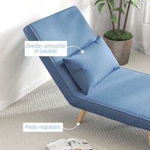 Fauteuil convertible design scandinave - fauteuil relax chauffeuse - dossier inclinable réglable, coussin - bois tissu bleu