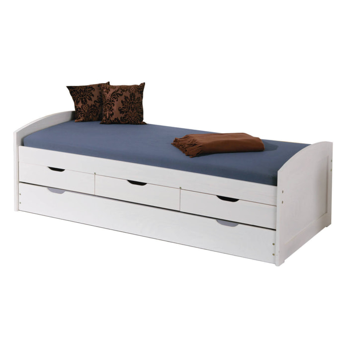 Letto con cassetti contenitori e secondo letto inferiore estraibile in pino massello verniciato all'acqua bianco, 98 x 205 x 63, Bianco