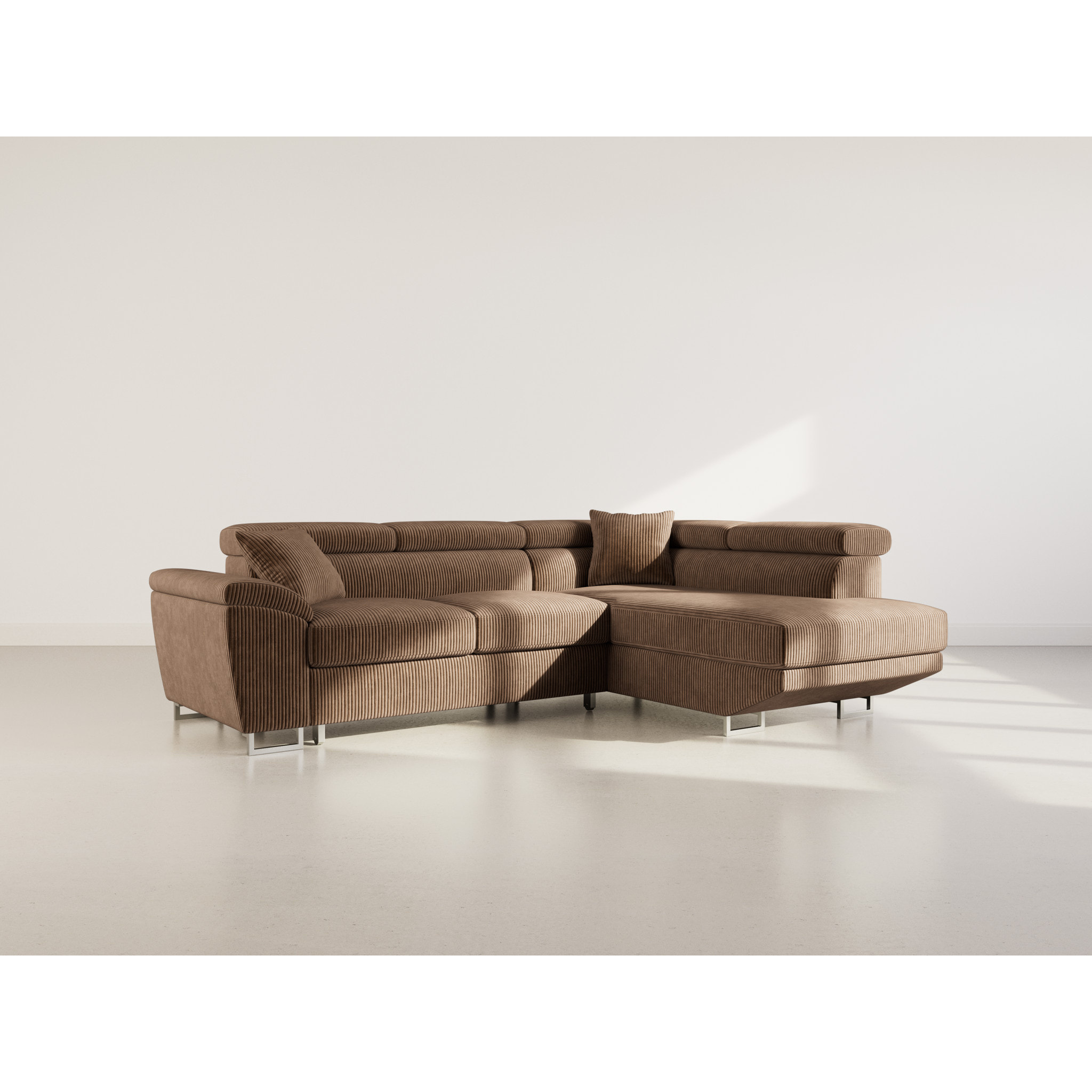 Baoji - Canapé d'angle droit 5 places convertible avec têtières et coffre en velours côtelé - Marron