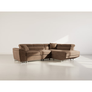 Baoji - Canapé d'angle droit 5 places convertible avec têtières et coffre en velours côtelé - Marron