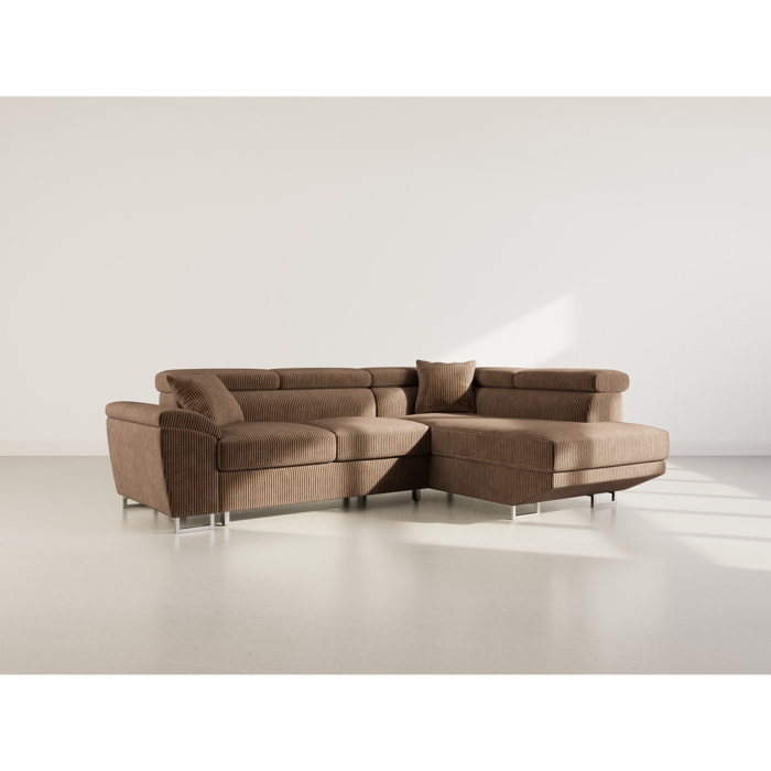 Baoji - Canapé d'angle droit 5 places convertible avec têtières et coffre en velours côtelé - Marron