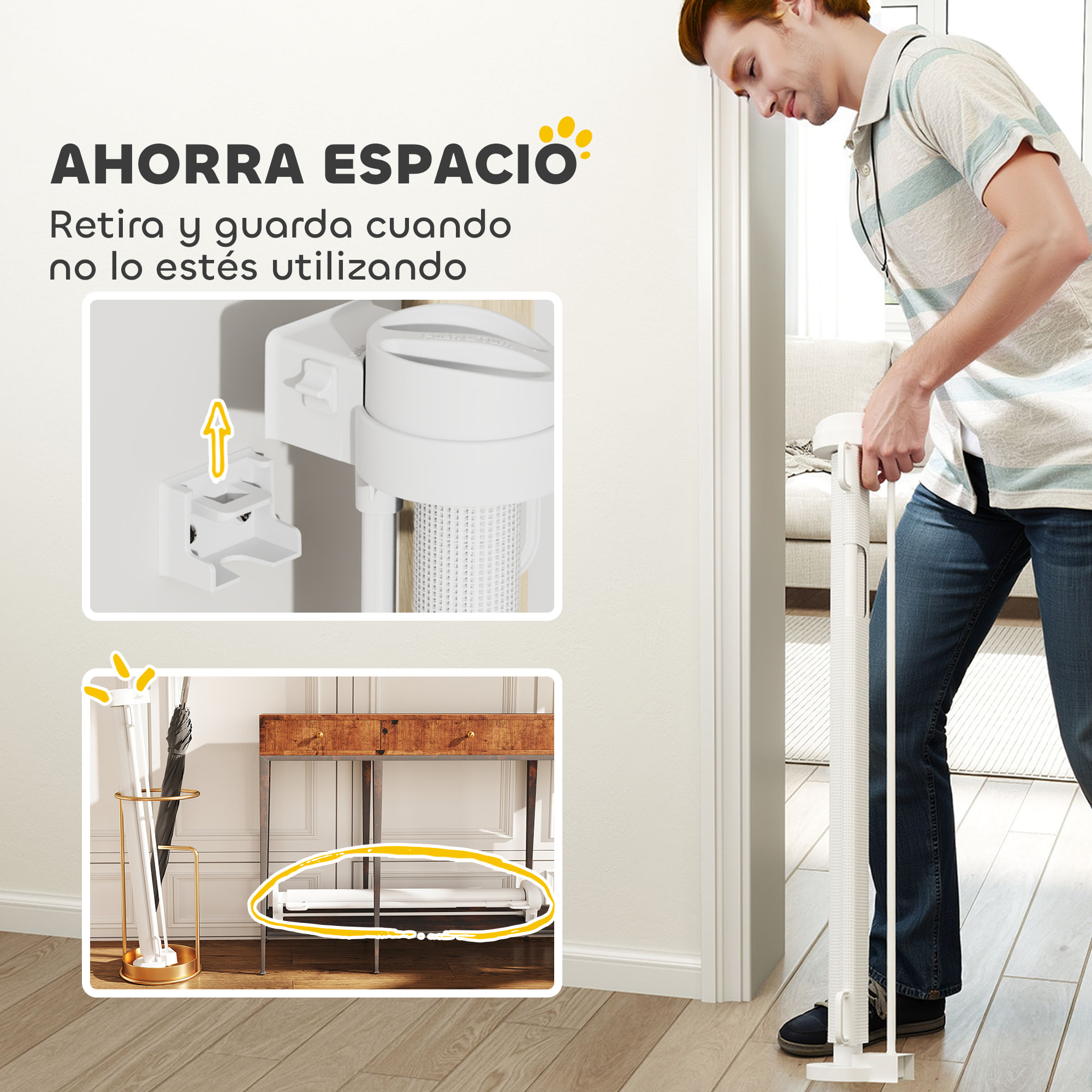 Barrera de Seguridad para Perros Retráctil 0-136 cm Puerta para Perros Pequeños Extensible con Interruptor de Cierre Red de Seguridad para Pasillos Escaleras Interiores y Exteriores