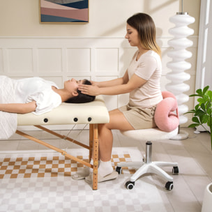 Taburete Giratorio con Respaldo Taburete con Ruedas Altura Regulable 63-77 cm Tapizado en Tejido de Borreguito para Salones Talleres Spa Masaje Blanco y Rosa