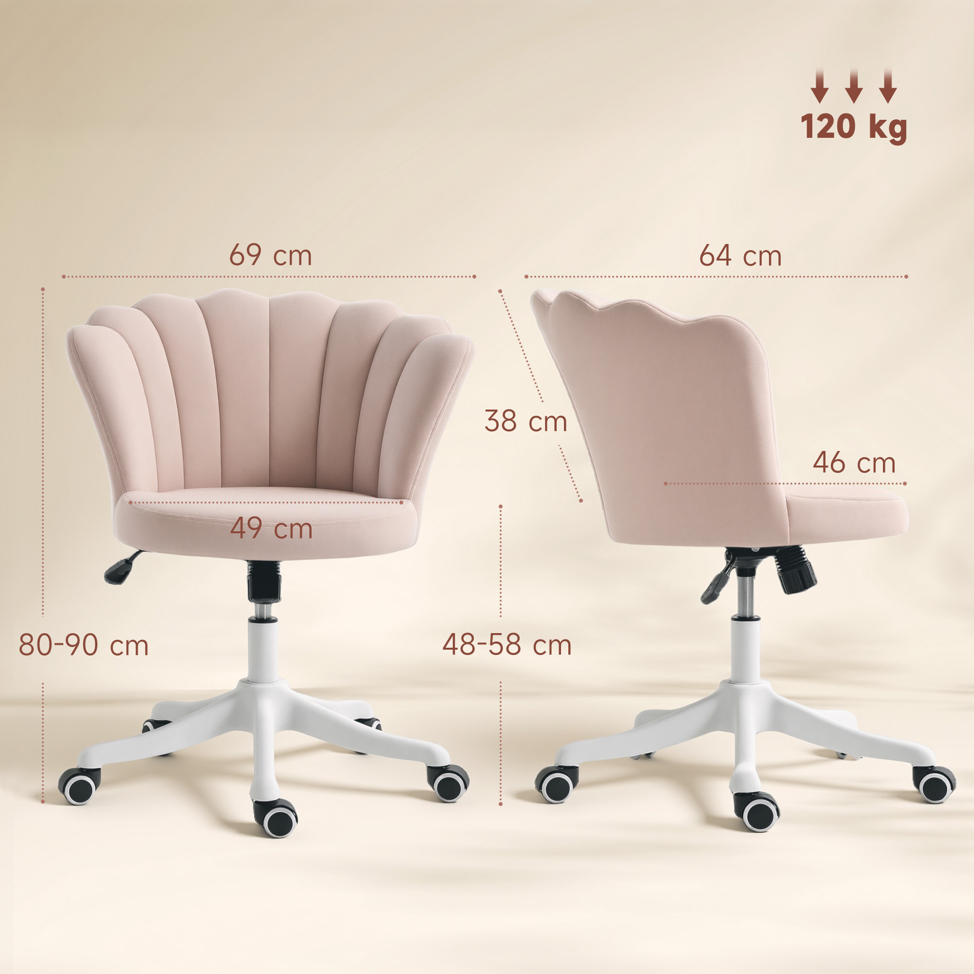 Chaise bureau velours design coquillage blanc rose poudré