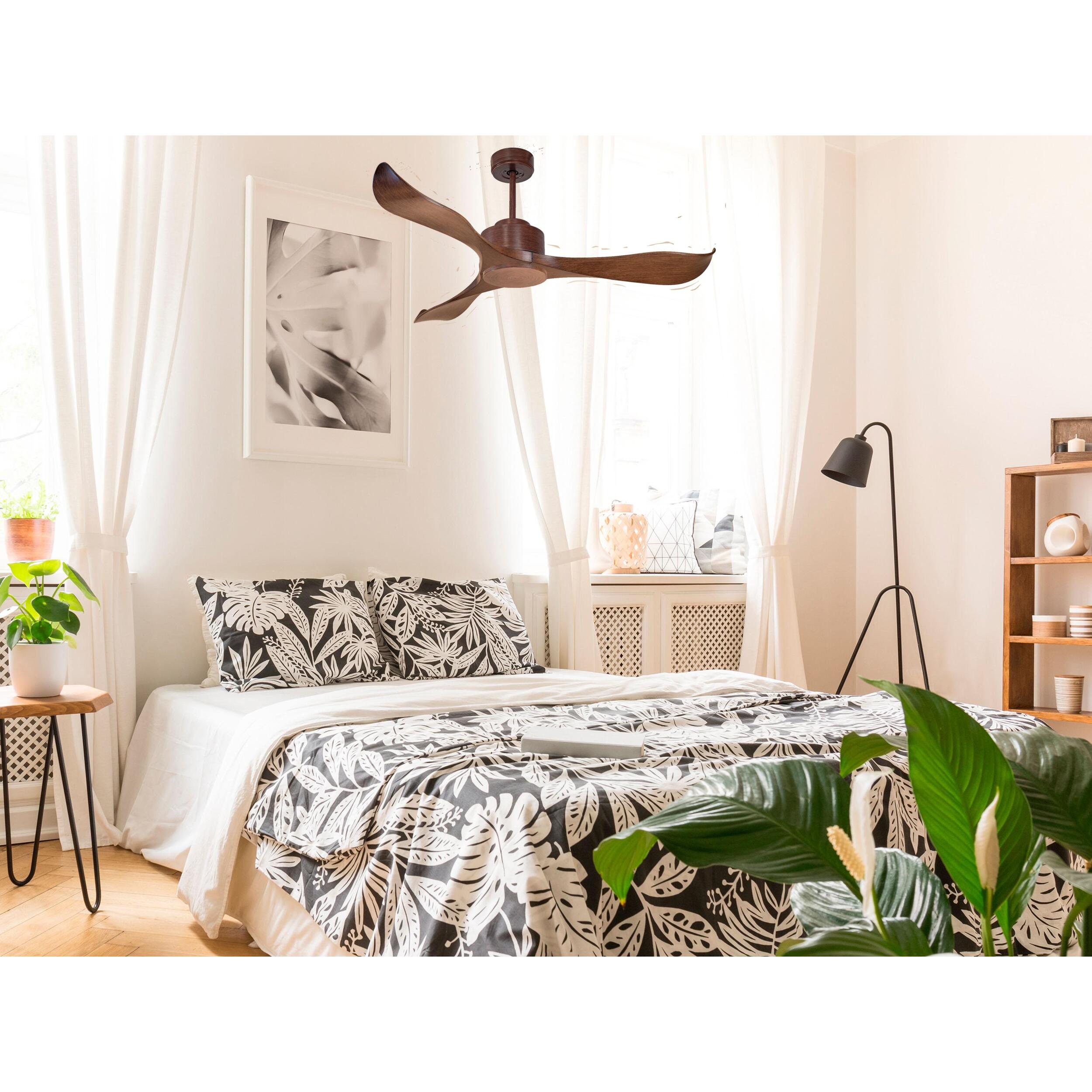 Ventilateur de plafond Réversible Lumière  Thermostat Wifi Moteur à courant continu Toits en pente Télécommande Adaptateur 2/3 Lames Hypersilence Mémoire 40   W brun
