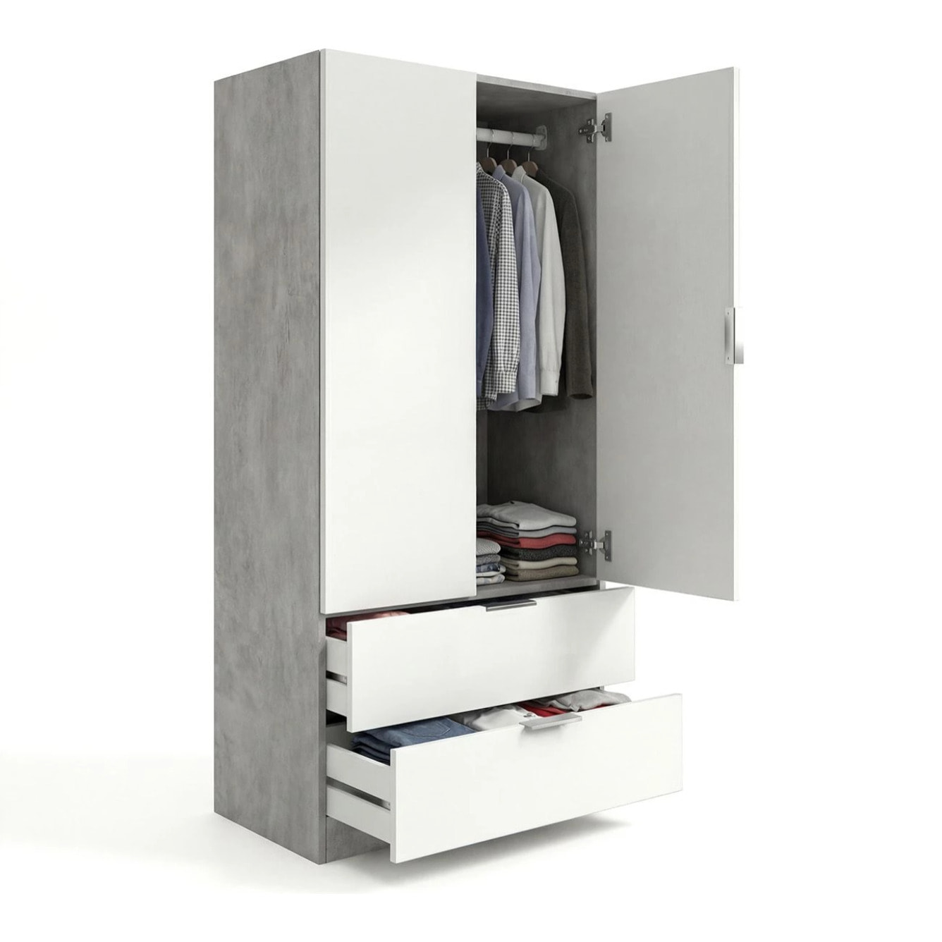 Armario de 2 puertas y 2 cajones en gris cemento y blanco artik 81,5x180 cm Lark Gris cemento - Blanco mate