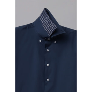 Camicia Uomo 2 Bottoni Button Down Slim Popeline Stretch Unito Blu