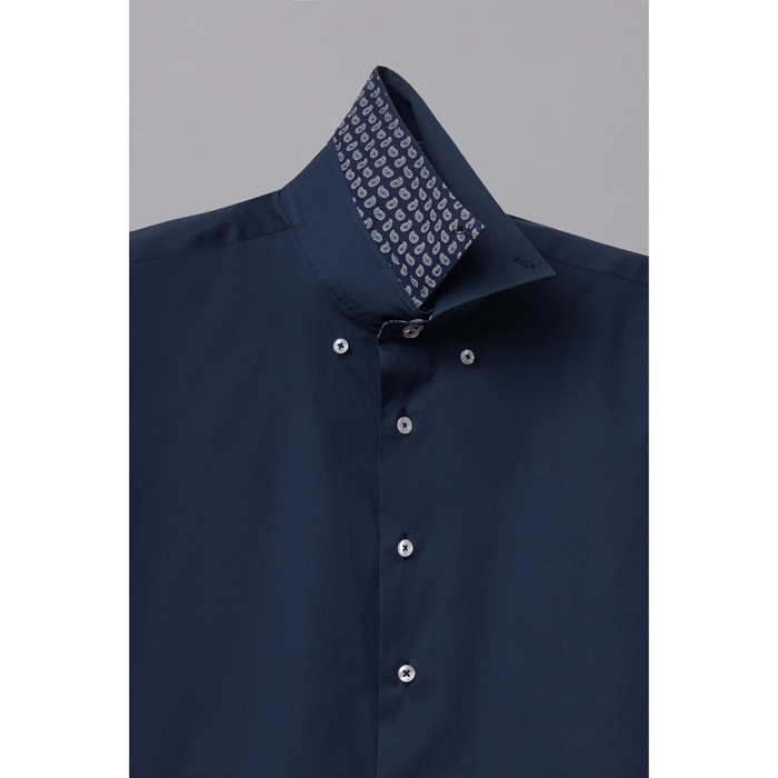 Camicia Uomo 2 Bottoni Button Down Slim Popeline Stretch Unito Blu