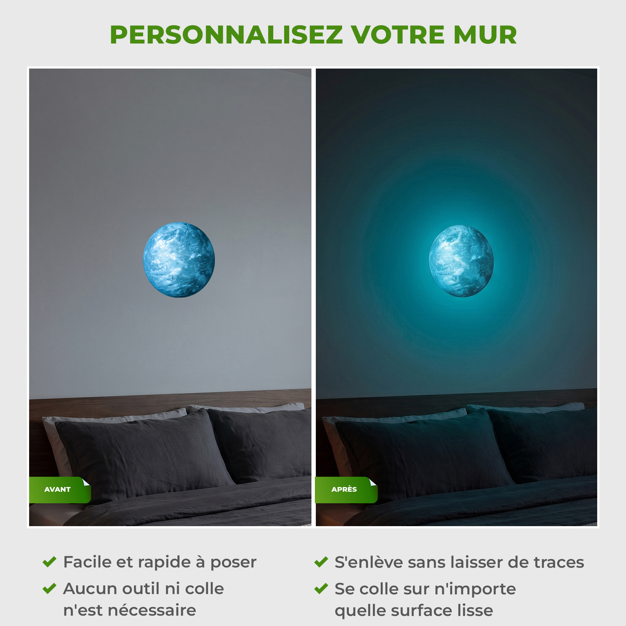 Stickers Muraux décoration adhésifs Terre phosphorescente bleue 30cm