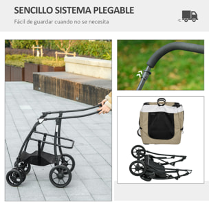 PawHut Carrito para Perros Cochecito para Perros Plegable con Vagón Desmontable 4 Puertas con Cremallera 2 Correas de Seguridad 2 Correa de Transporte y Cojín Caqui