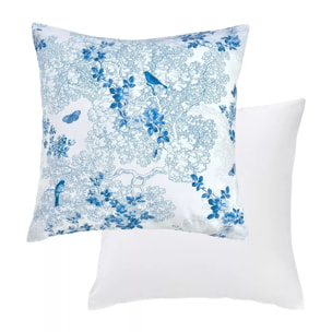 Taie d'oreiller percale de coton imprimé blanc bleu Voliere bleu