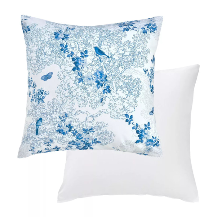 Taie d'oreiller percale de coton imprimé blanc bleu Voliere bleu