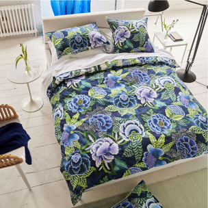 Housse de couette imprimée en percale de coton, ROSE DE DAMAS, Bleu indigo