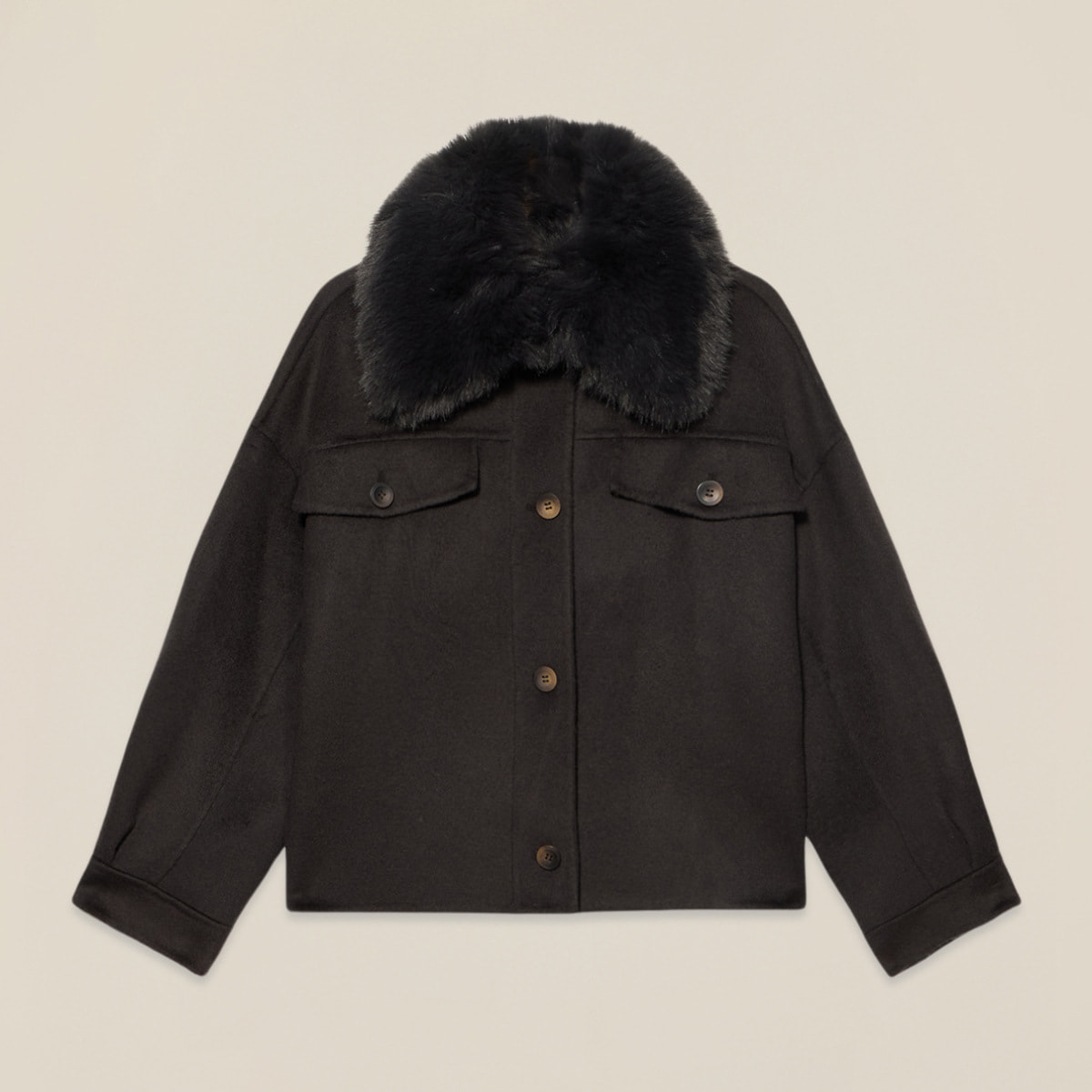 Oltre - Cappotto corto misto lana con collo peloso - Marrone