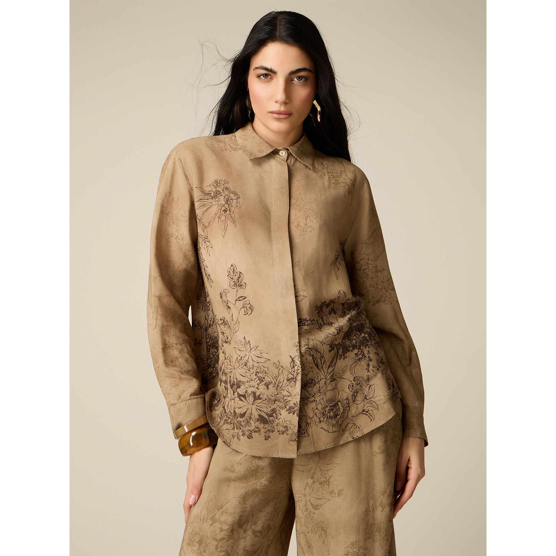 Oltre - Camicia in crêpe di viscosa fantasia - Marrone