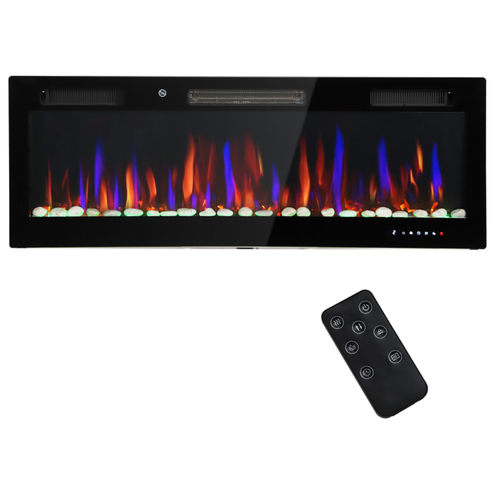 Chimenea Eléctrica Ultrafina de Pared y Empotrable con Llama 3D, Chimenea Decorativa, Brillo/Velocidad Ajustable, 12 Colores, Guijarros, 900/1800W, Temporizador, Termostato, Control Remoto