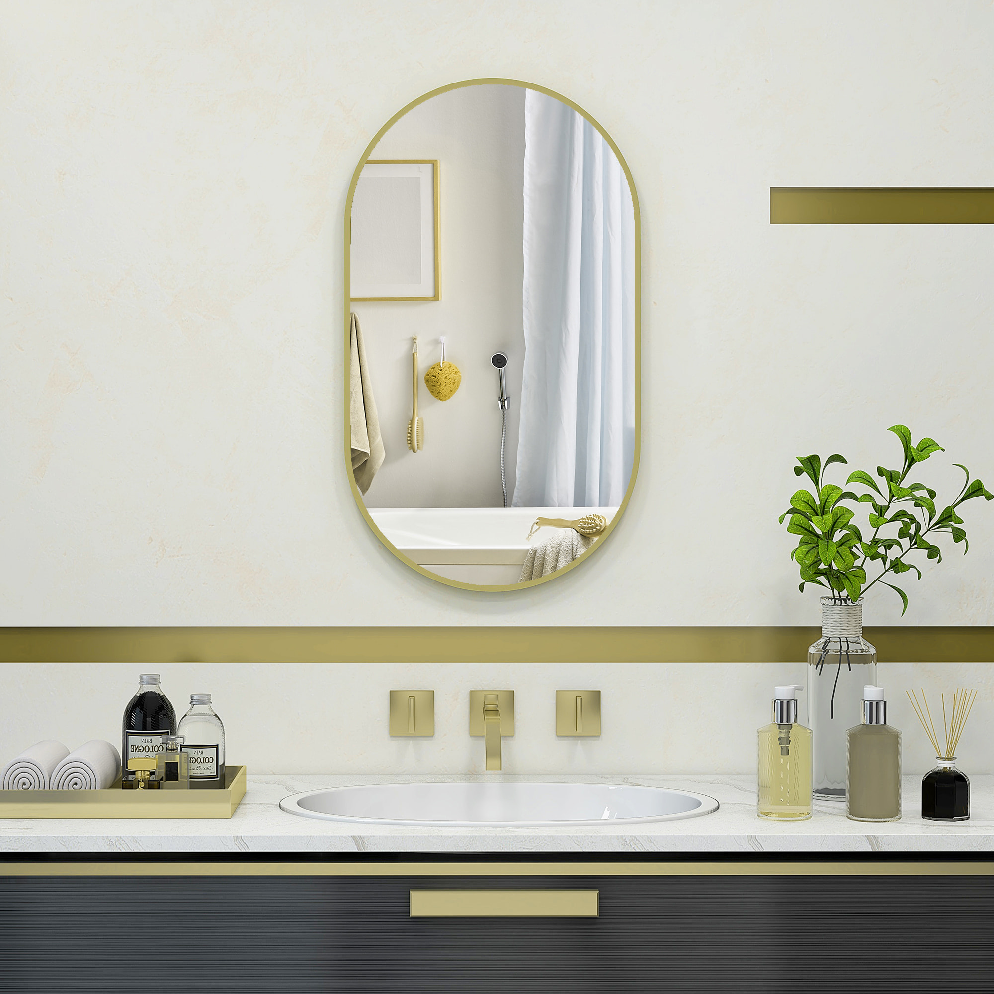 Miroir mural ovale dim. 40L x 70H cm cadre arrondi montage vertical/horizontal alu. doré