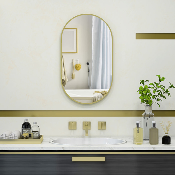 Miroir mural ovale dim. 40L x 70H cm cadre arrondi montage vertical/horizontal alu. doré