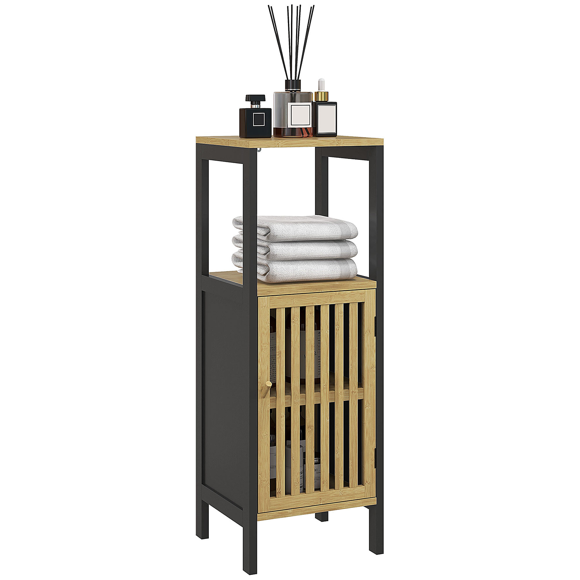 Meuble bas salle de bain - porte, 3 étagères - MDF noir bambou verni