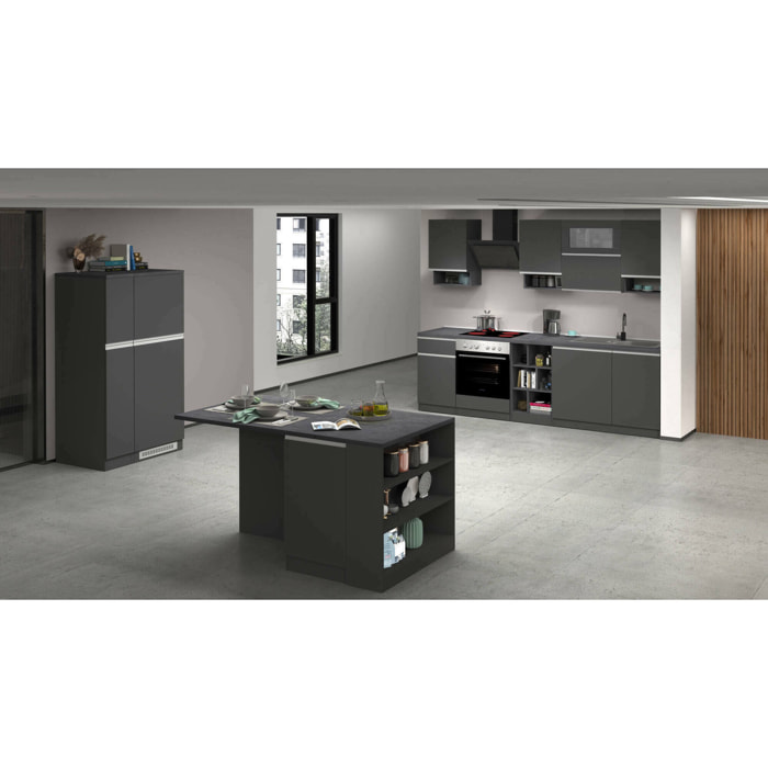 Cucina completa Arlo, Set con dispensa, Mobile per cucinotto, Kit blocco con isola e portafrigo, 100% Made in Italy, Antracite e Ardesia