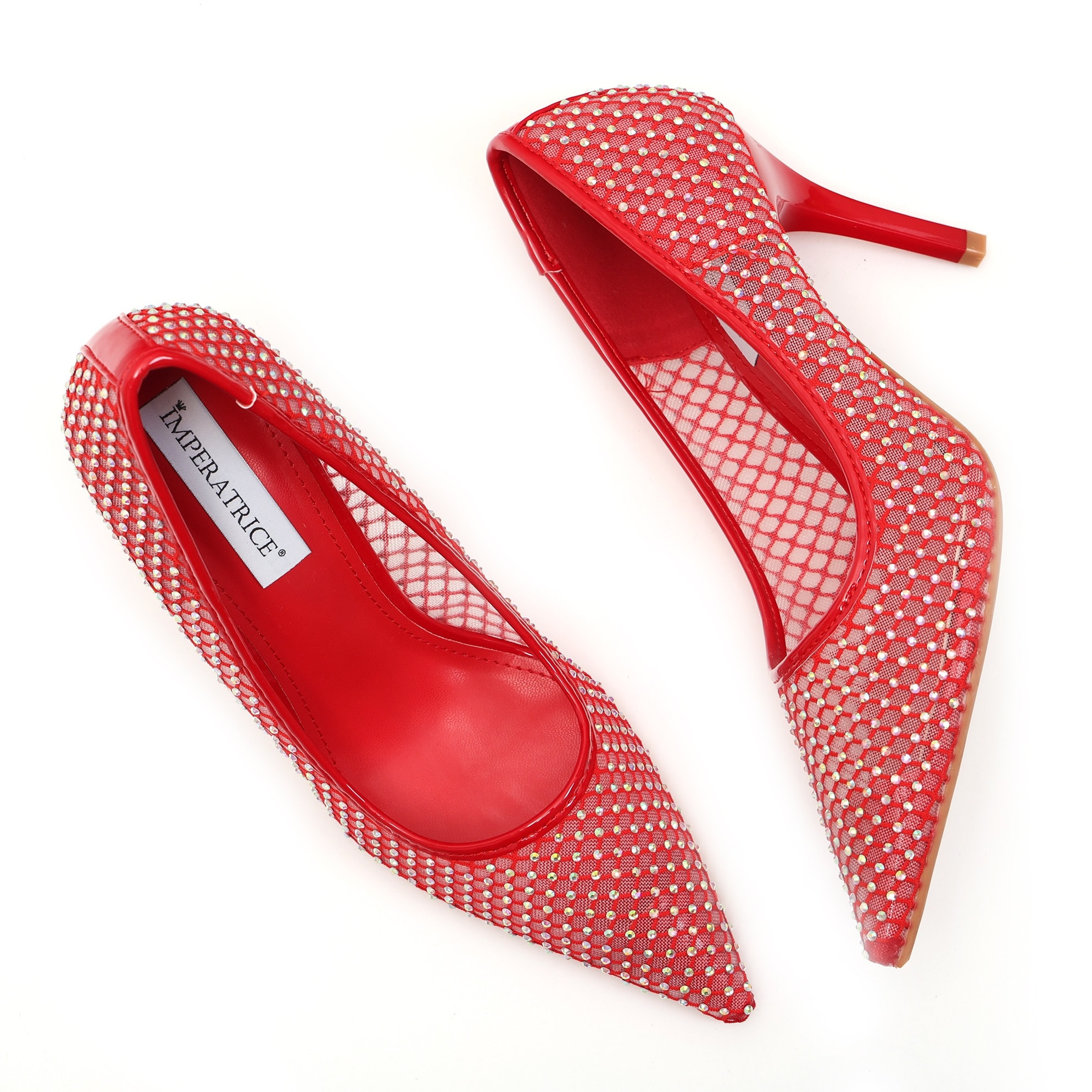 Dècolletè pumps in simil pelle con tomaia bucherellata ricoperta di strass