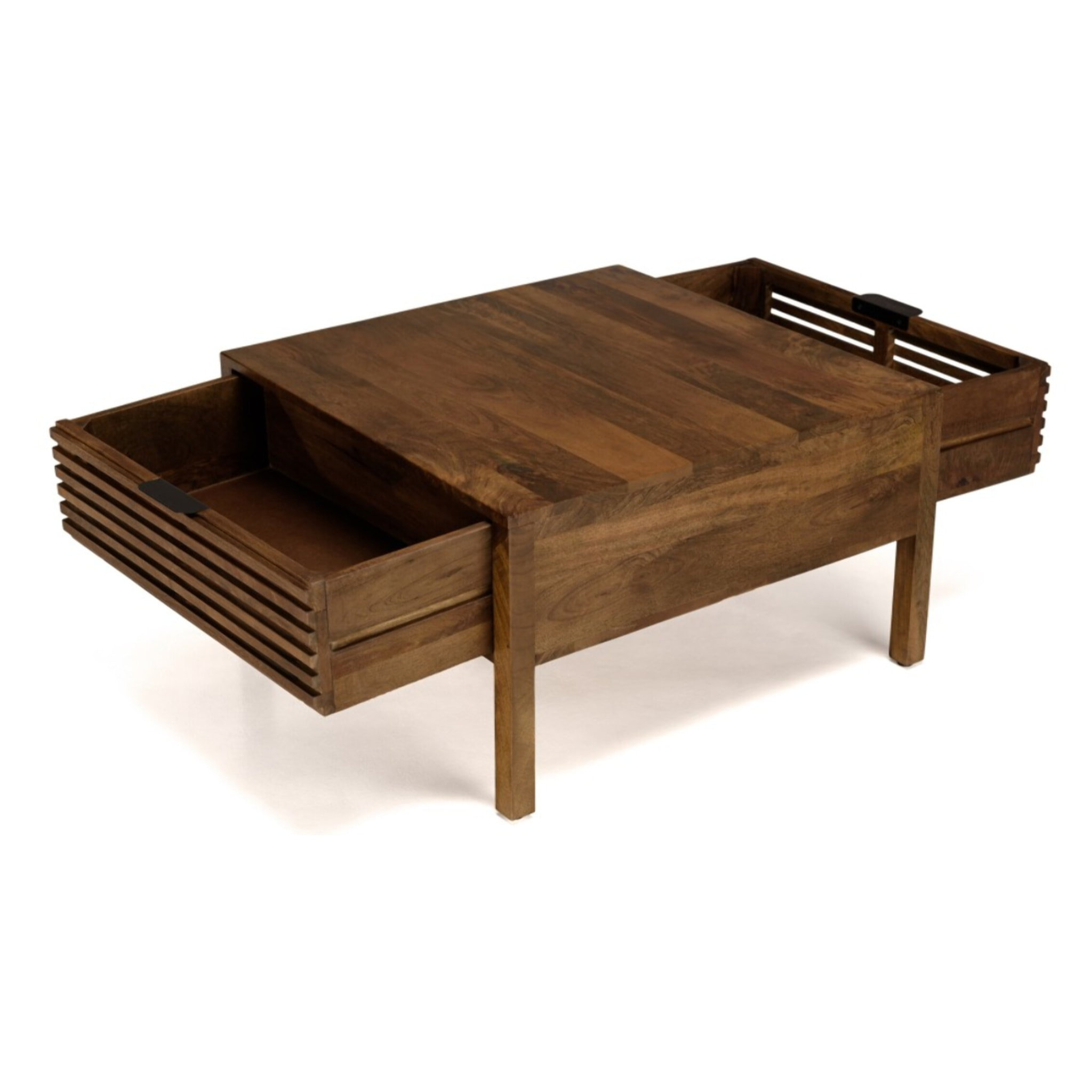 ALIX - Table basse carrée 70x70cm en bois de manguier 2 tiroirs ajourés