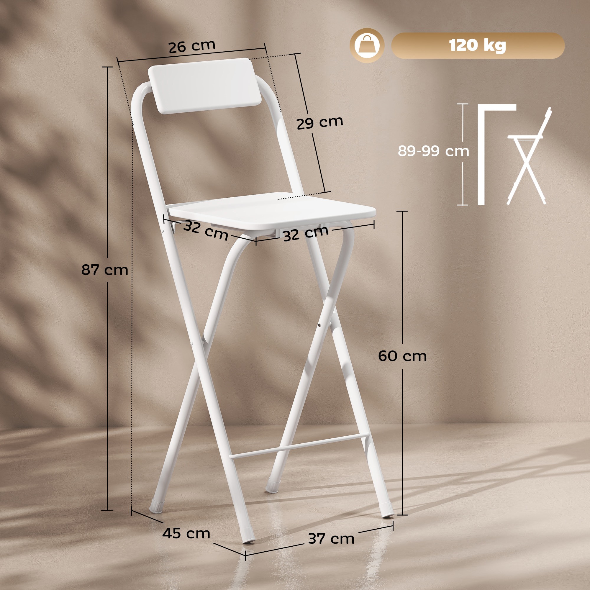Juego de 2 Taburetes de Bar Plegables Taburetes Altos de Cocina con Respaldo Reposapiés y Marco de Acero para Comedor Mostrador Blanco