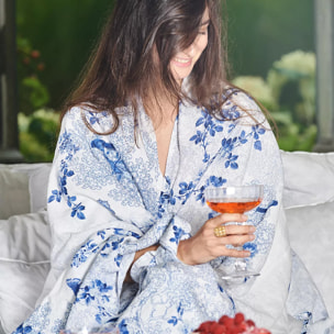 Nappe métis lin & coton lavé 190 g/m² imprimé blanc bleu Voliere bleu