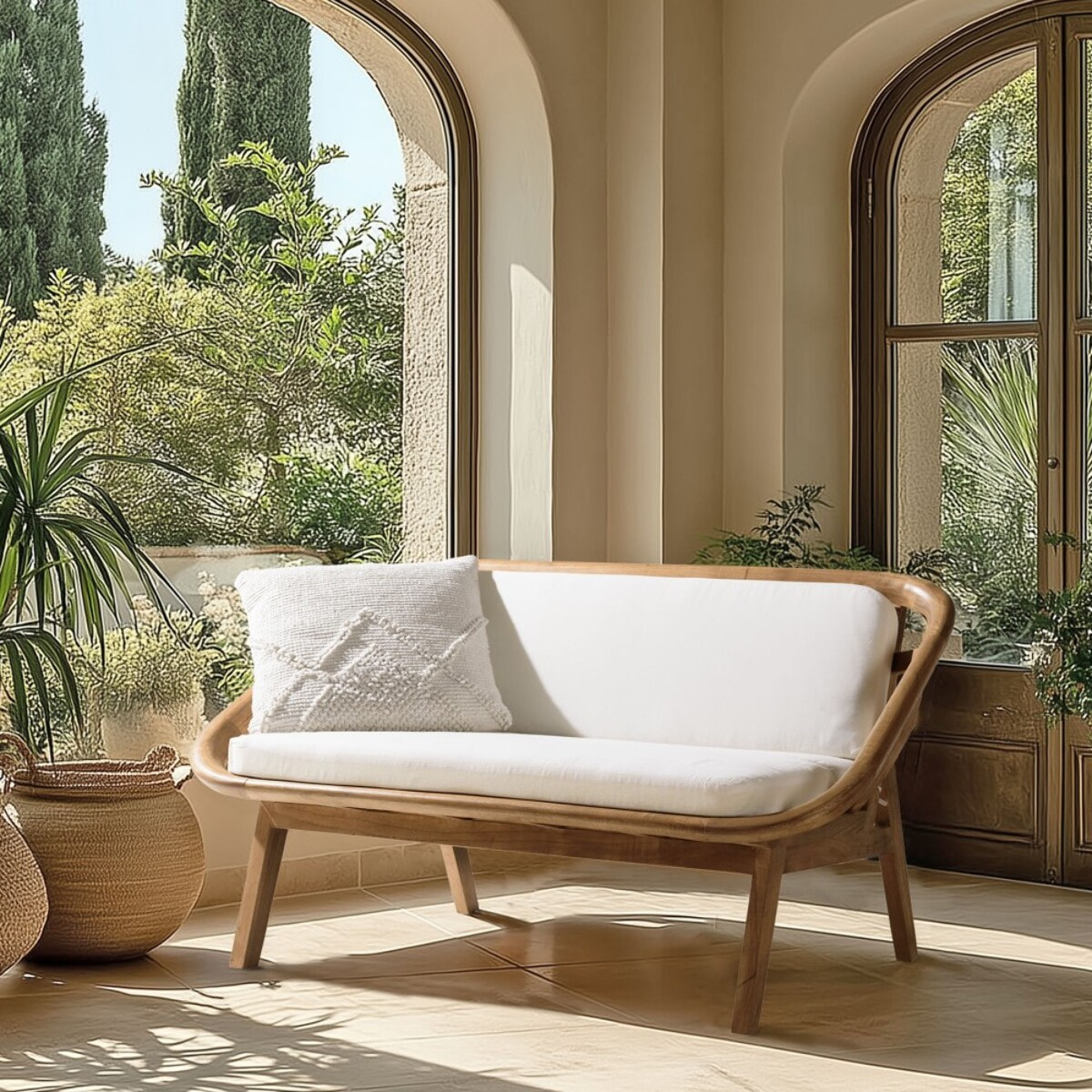 AMY - Canapé 2 places avec coussins blanc en mindi et rotin naturel AMY