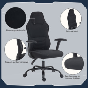 Fauteuil gamer ergonomique - chaise de bureau gaming - réglable - dossier inclinable - tissu noir