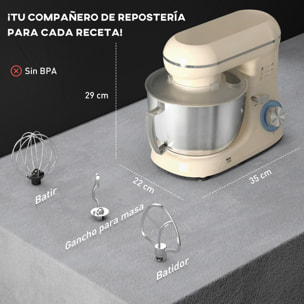 Batidora Amasadora 4,5L, Amasadora de Pan 1300W, Amasadora Repostería, 6 Velocidades, Bol de Acero Inoxidable, Batidor, Gancho, Varilla, Protector contra Salpicaduras, Beige