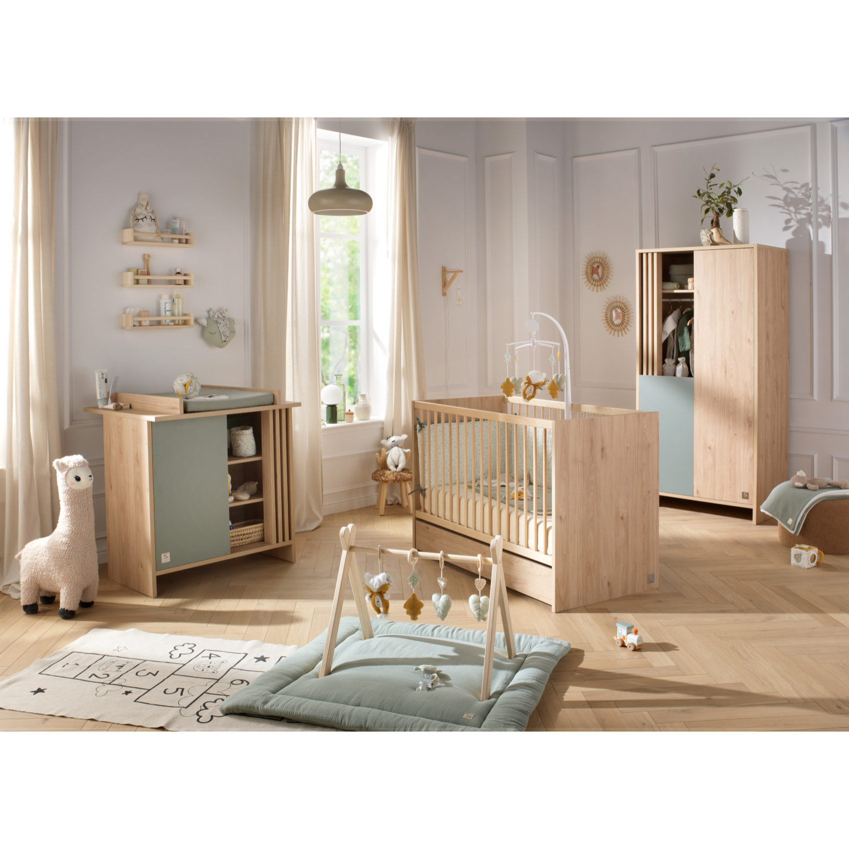 Commode à langer 1 porte colorée et 3 niches avec claustra en bois décor chêne Suave