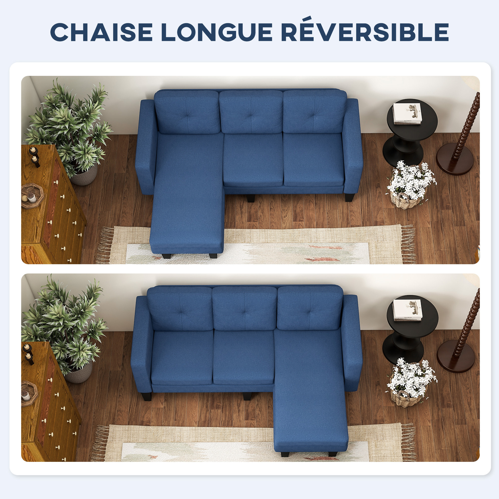 Canapé d'angle 3 places méridienne réversible garnissage mousse haute densité tissu aspect lin bleu