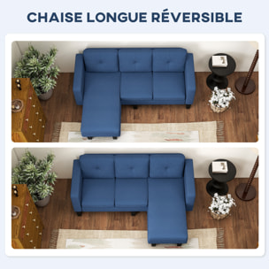 Canapé d'angle 3 places méridienne réversible garnissage mousse haute densité tissu aspect lin bleu