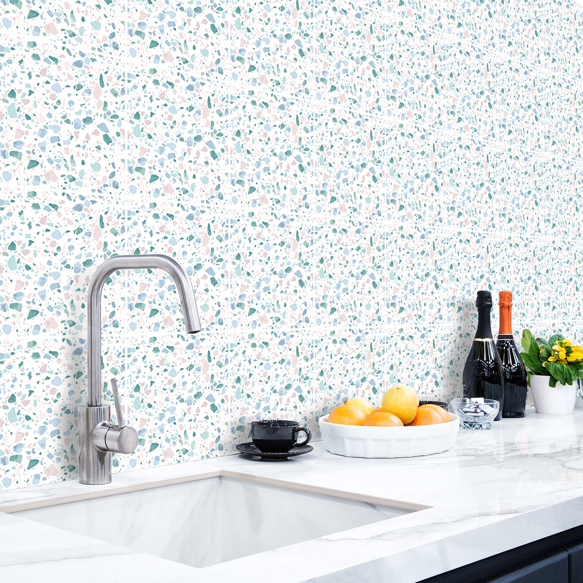 Stickers muraux - Sticker Mural Carrelage adhésif Cuisine Salle de Bain - 24 STICKERS CARREAUX DE CIMENT TERRAZZO SANA