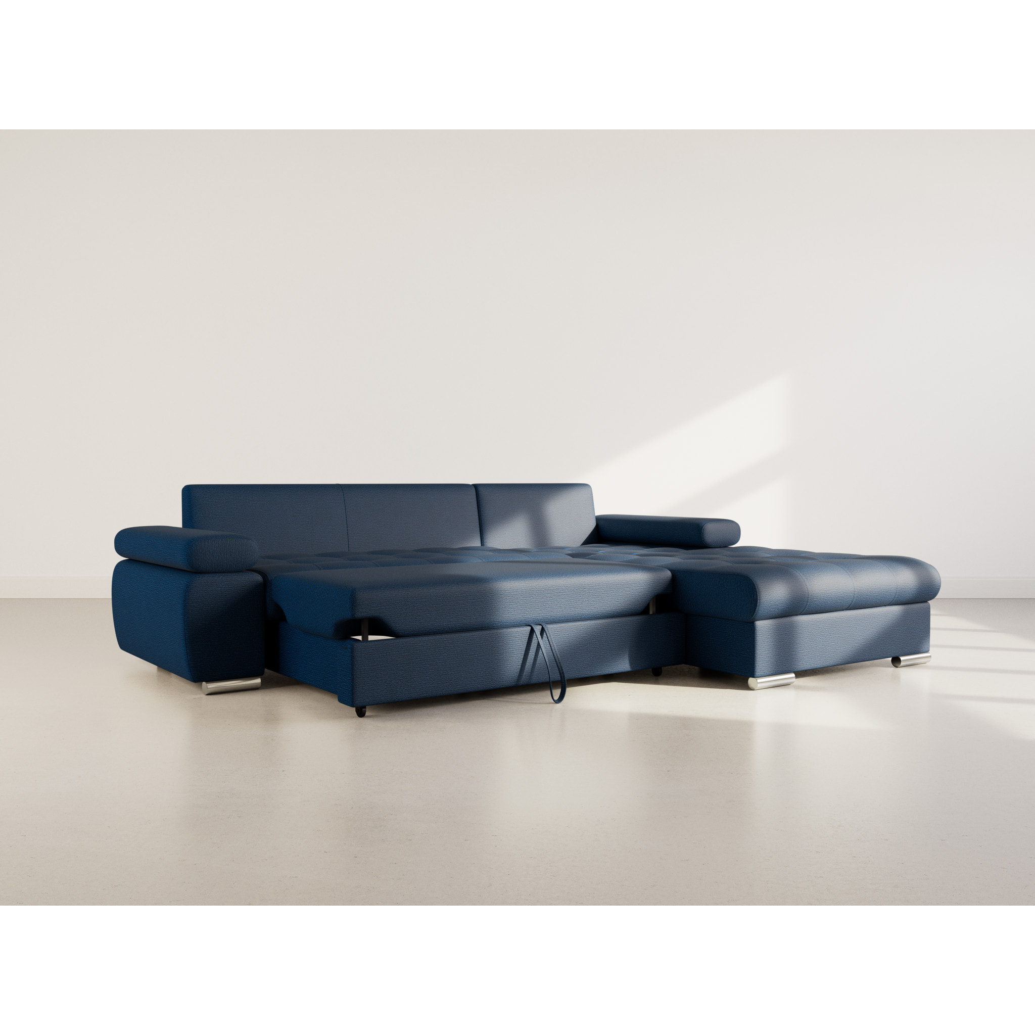 Bianca - Canapé d'angle droit 4 places convertible avec coffre en tissu texturé - Bleu marine