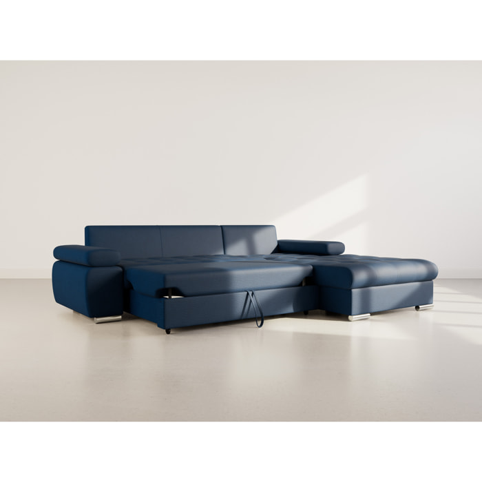 Bianca - Canapé d'angle droit 4 places convertible avec coffre en tissu texturé - Bleu marine